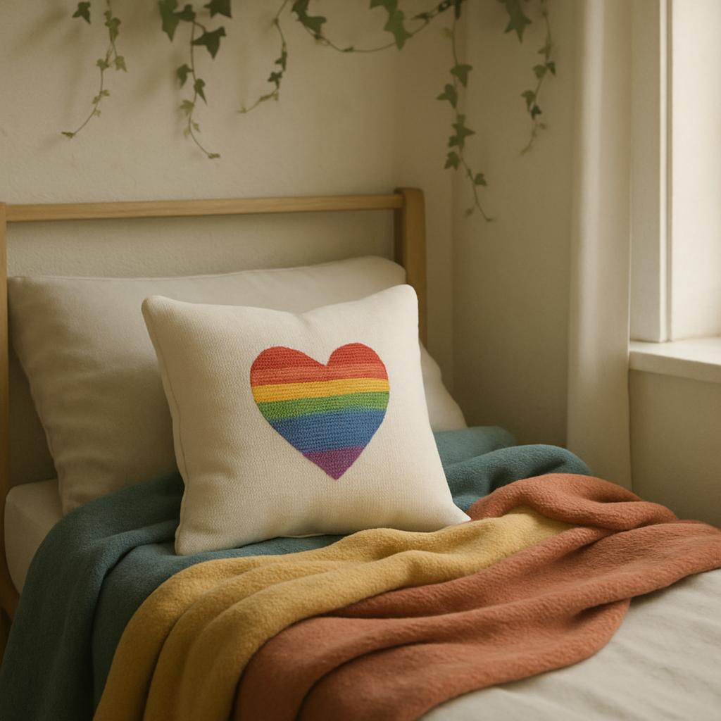 A beige framed bed featuring a white pillow with a crocheted rainbow heart, and a turquiose, yellow, orange throw blanket ...